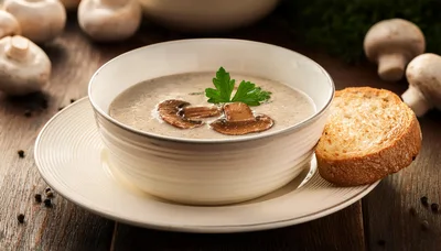 Creamy Mushroom Soup Served In A White Bowl