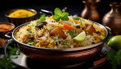 Vegetable Biryani Served In A Traditional Copper Bowl