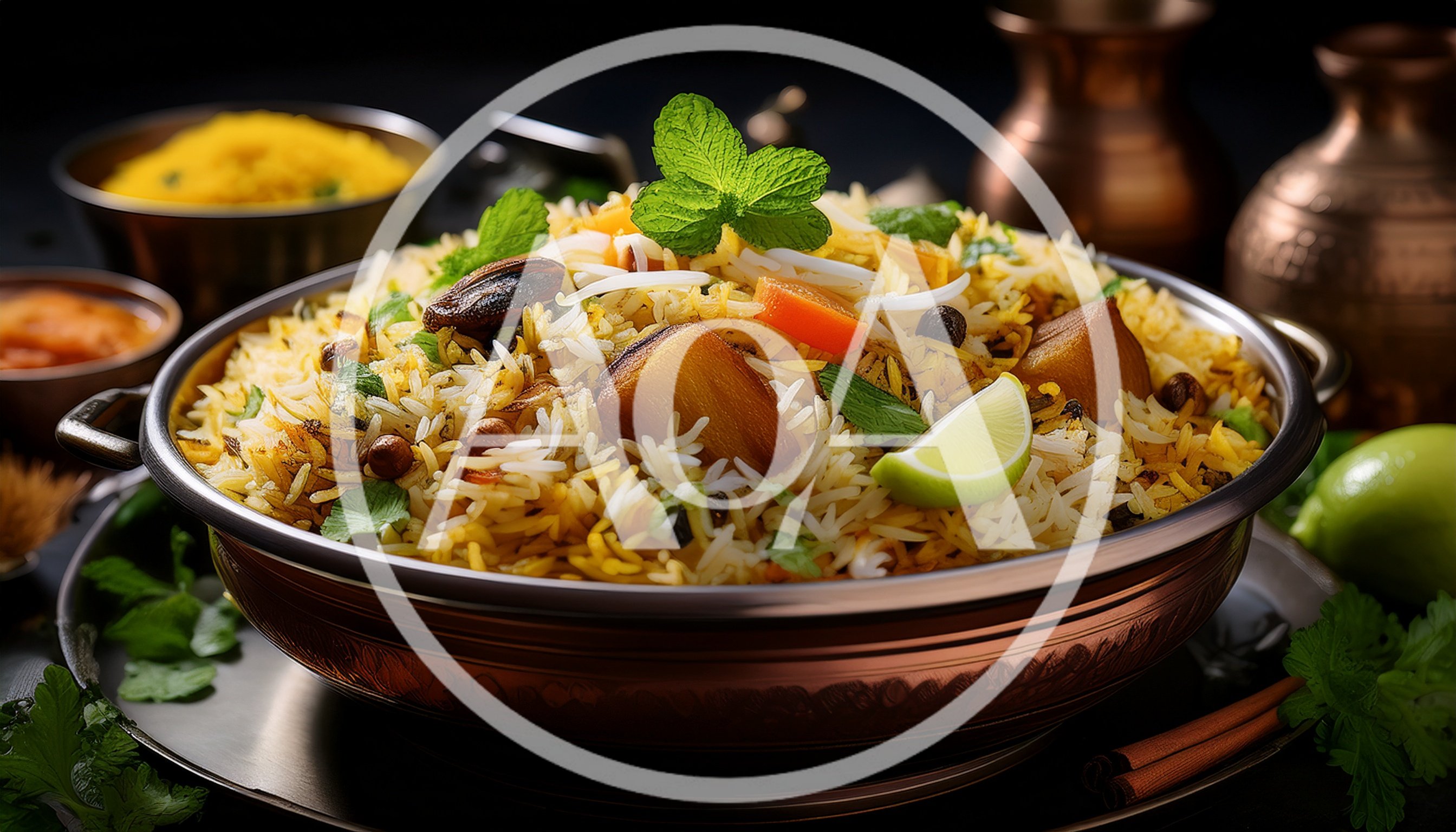 Vegetable Biryani Served In A Traditional Copper Bowl