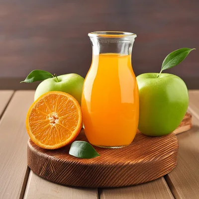 Fresh Orange Juice With Green Apples On Wooden Board