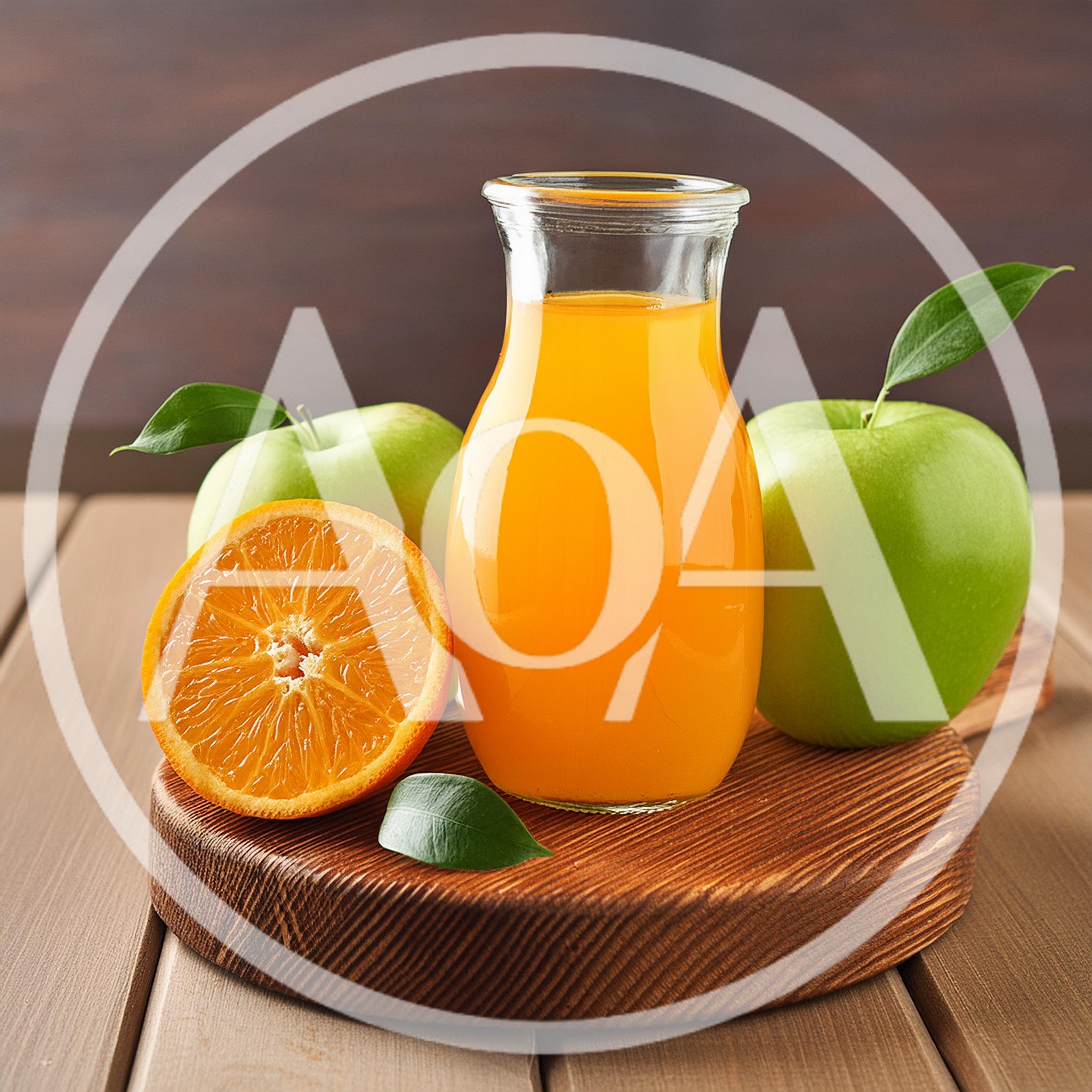 Fresh Orange Juice With Green Apples On Wooden Board