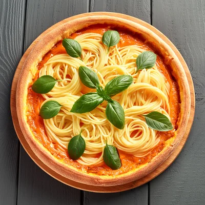 Spaghetti Pizza Topped With Fresh Basil Leaves