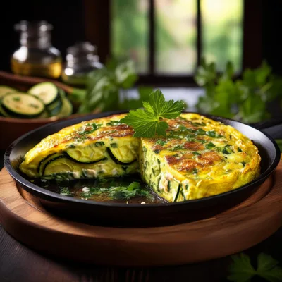 Freshly Cooked Zucchini Frittata In A Cast Iron Skillet
