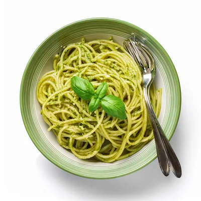 Spaghetti With Pesto Sauce In A Green Bowl
