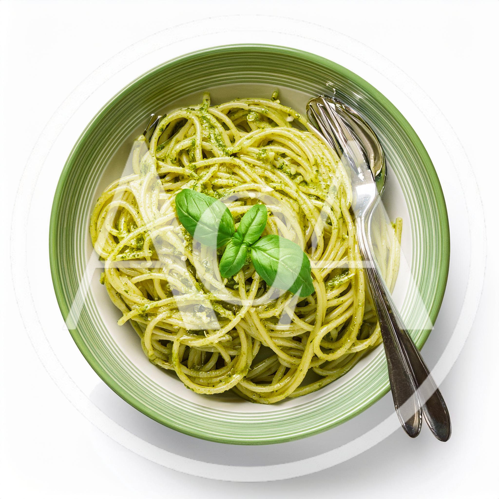 Spaghetti With Pesto Sauce In A Green Bowl