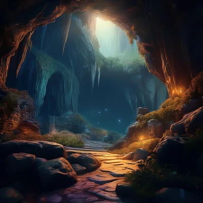 Mystical Cave Entrance With Glowing Lights And Foliage