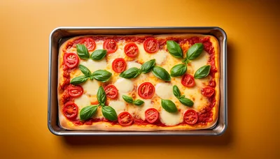 Fresh Homemade Margherita Pizza in Rectangular Baking Pan