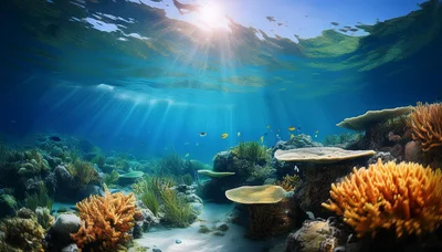 Vibrant Coral Reef Ecosystem Under Sunlit Ocean Surface