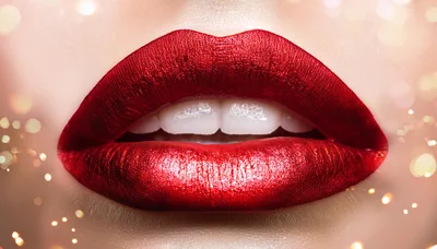 Close Up Of Woman With Metallic Red Lipstick