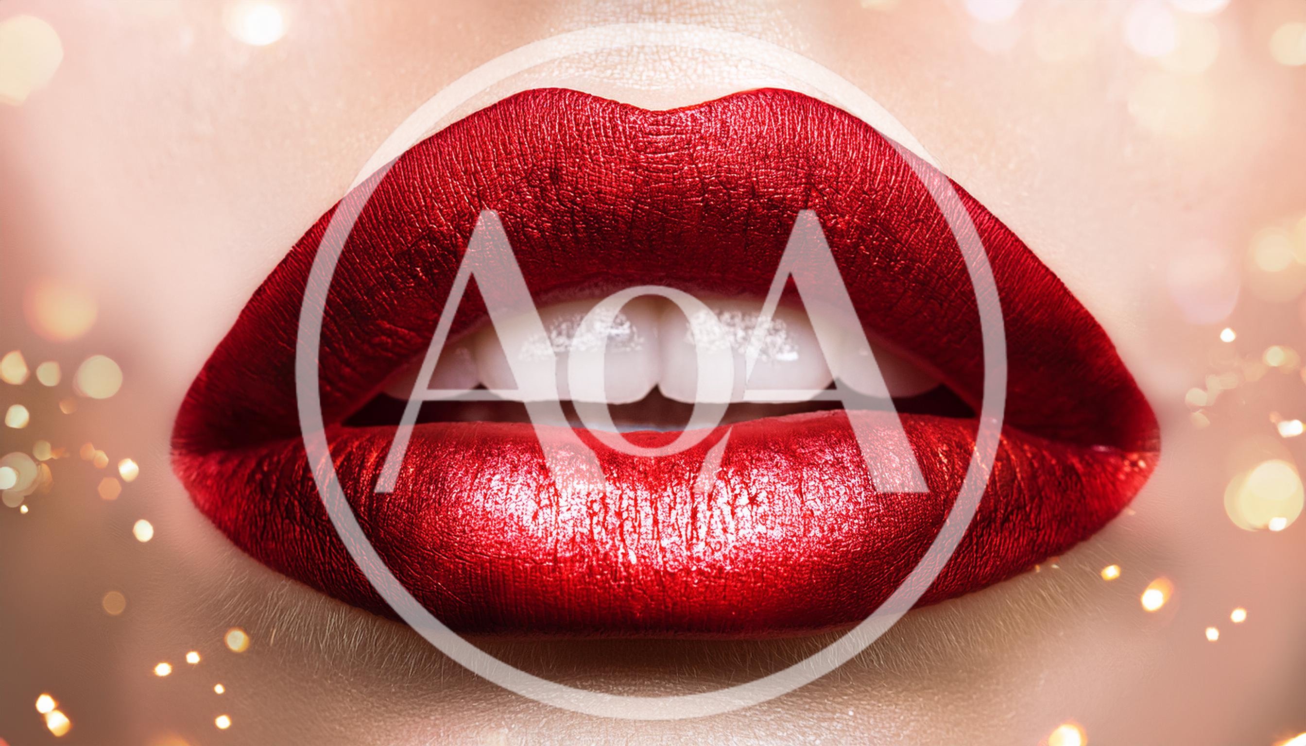 Close Up Of Woman With Metallic Red Lipstick