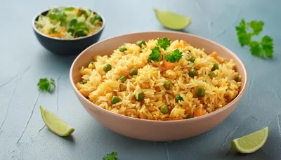 Bowl Of Vegetable Fried Rice With Lime Wedges