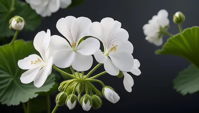 White Geranium Flowers Blooming Against Dark Background