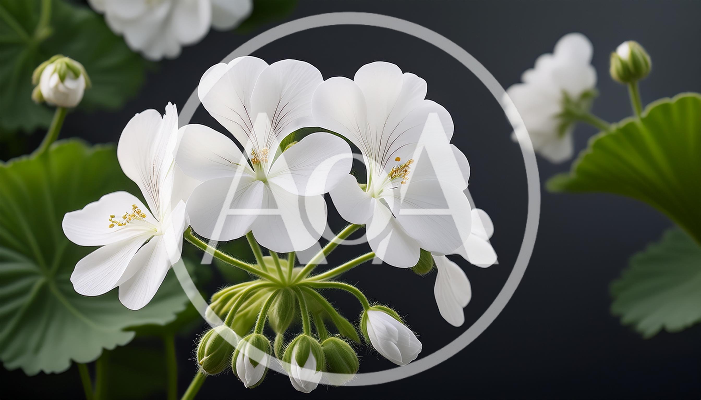White Geranium Flowers Blooming Against Dark Background