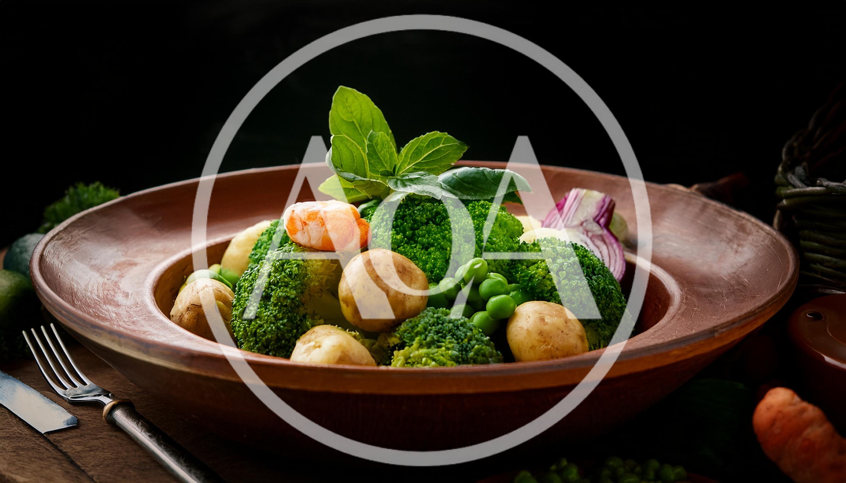 Steamed Broccoli and Potato Salad in Clay Bowl