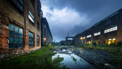 Abandoned Industrial Factory Complex During A Rainy Evening