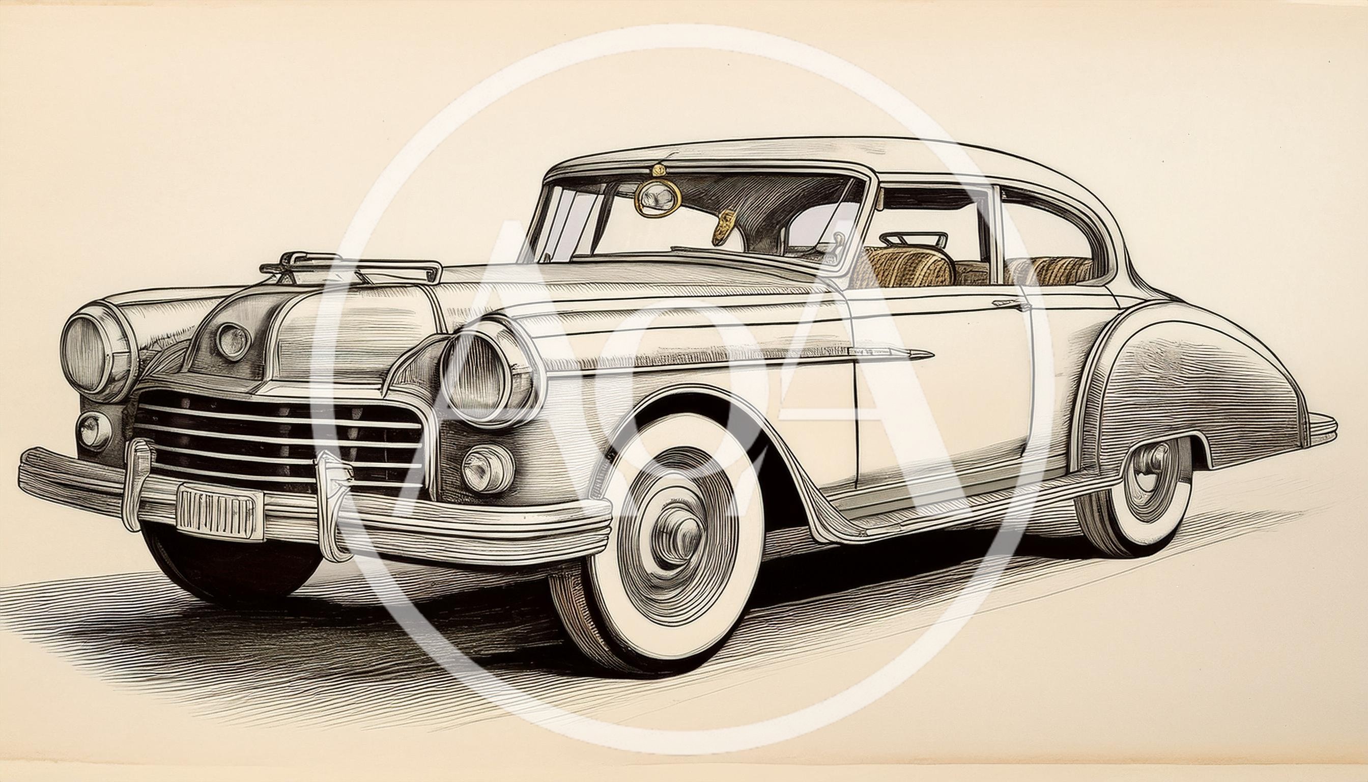 Vintage Classic Car Line Art Illustration