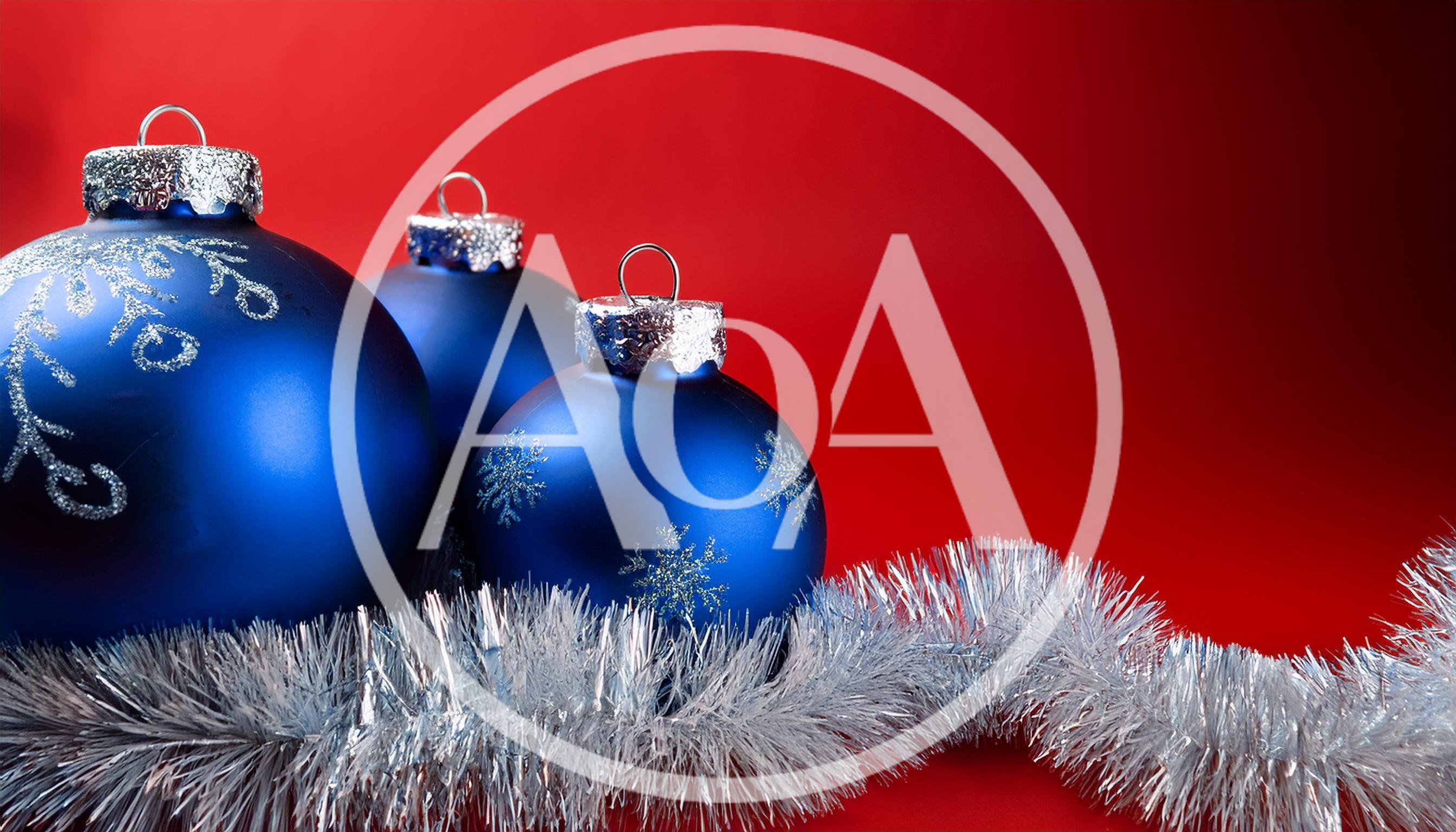 Blue Christmas Ornaments With Silver Tinsel On Red Background