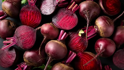 Fresh Whole And Sliced Red Beetroots On Dark Background