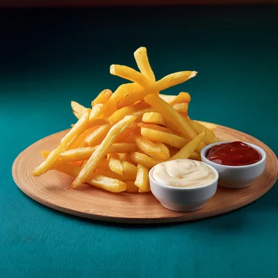 Golden French Fries With Ketchup And Mayonnaise