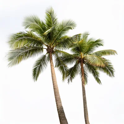 Two Tall Coconut Palm Trees Against White Sky
