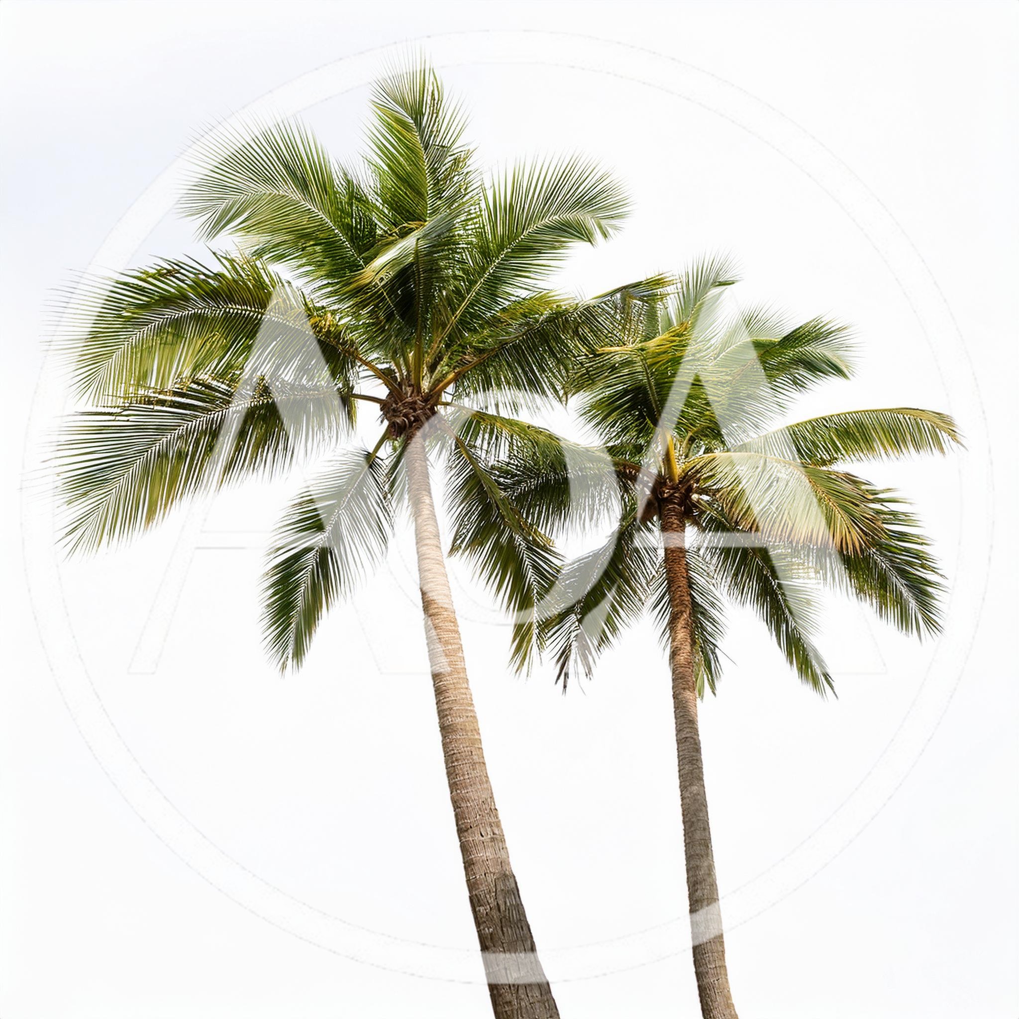 Two Tall Coconut Palm Trees Against White Sky