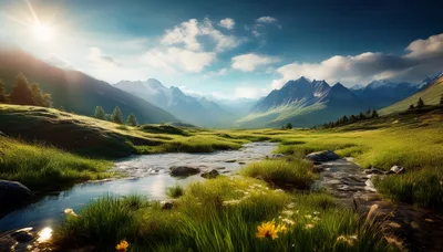 Scenic Mountain Valley With A Flowing Stream