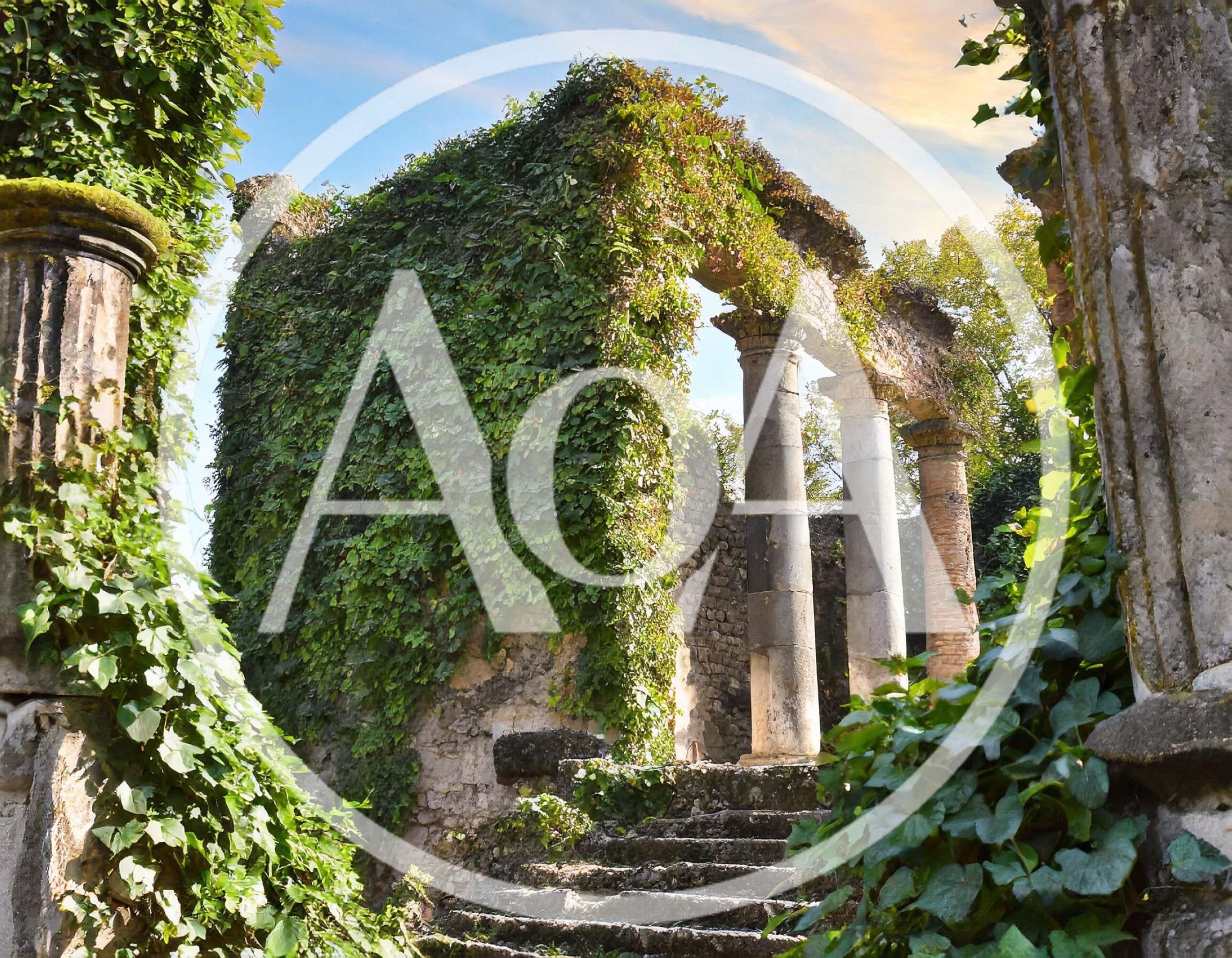 Ancient Stone Ruins Overgrown With Lush Green Ivy
