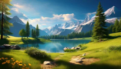 Serene Alpine Lake Landscape With Snow Capped Mountains