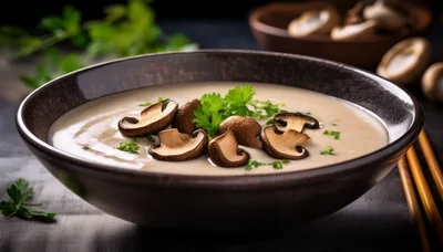 Creamy Mushroom Soup In A Dark Ceramic Bowl