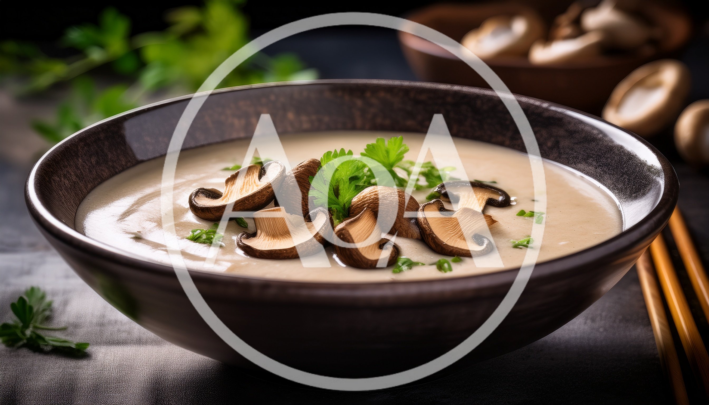 Creamy Mushroom Soup In A Dark Ceramic Bowl
