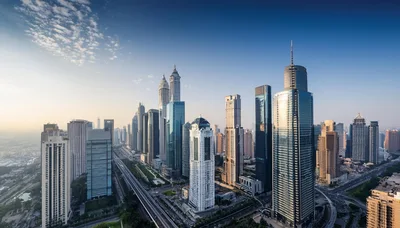 Aerial View of Dubai Skyline Skyscrapers at Sunset