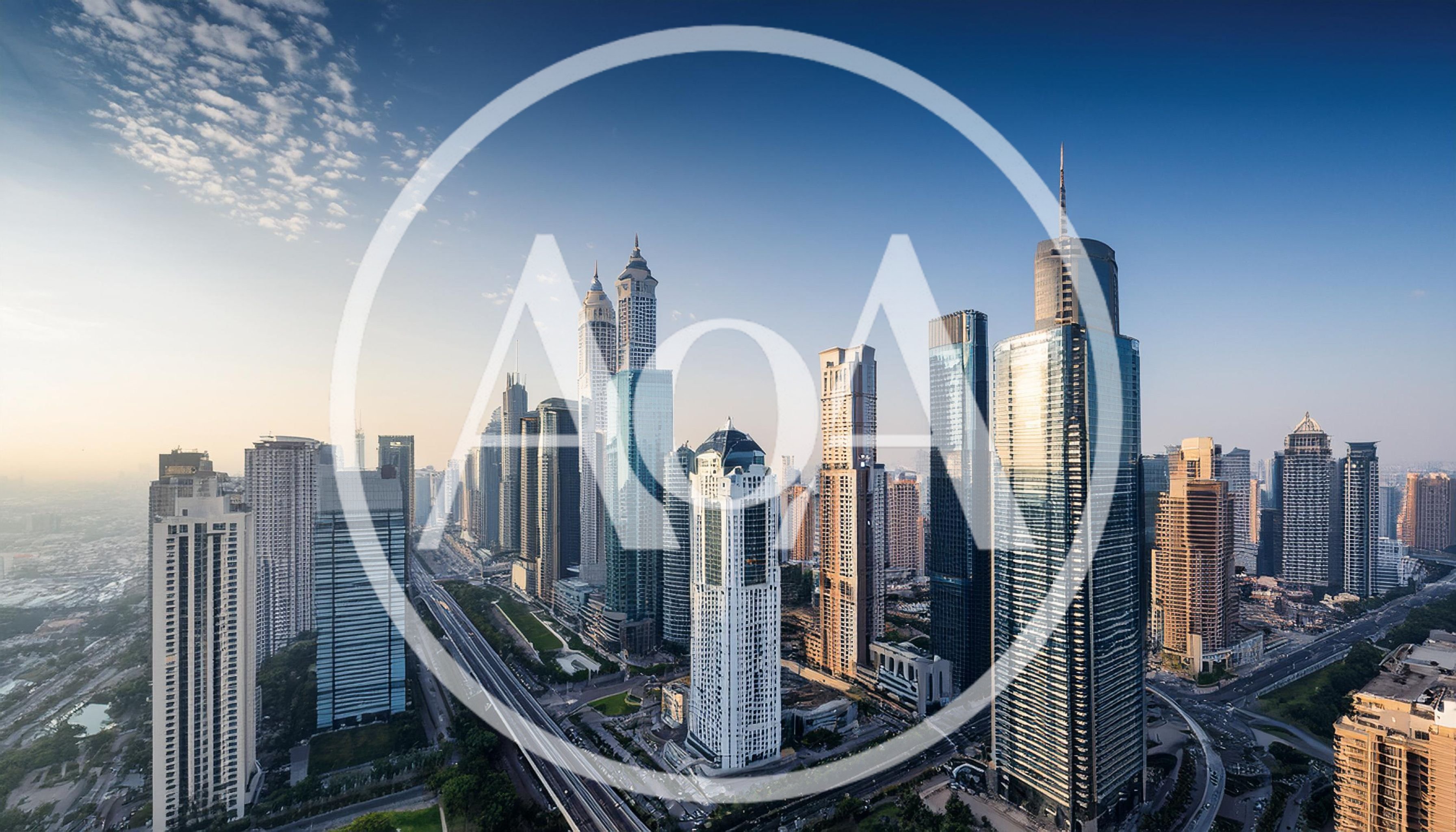 Aerial View of Dubai Skyline Skyscrapers at Sunset