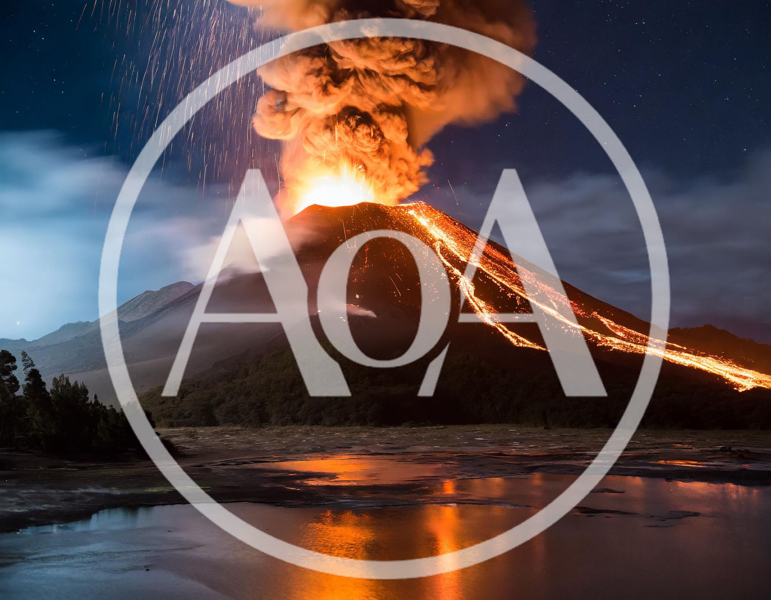 Volcanic Eruption With Lava Flow At Night