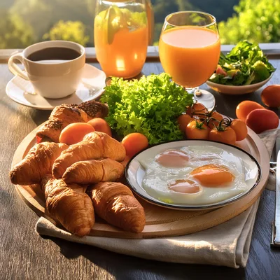 Gourmet Breakfast Spread With Croissants And Fried Eggs