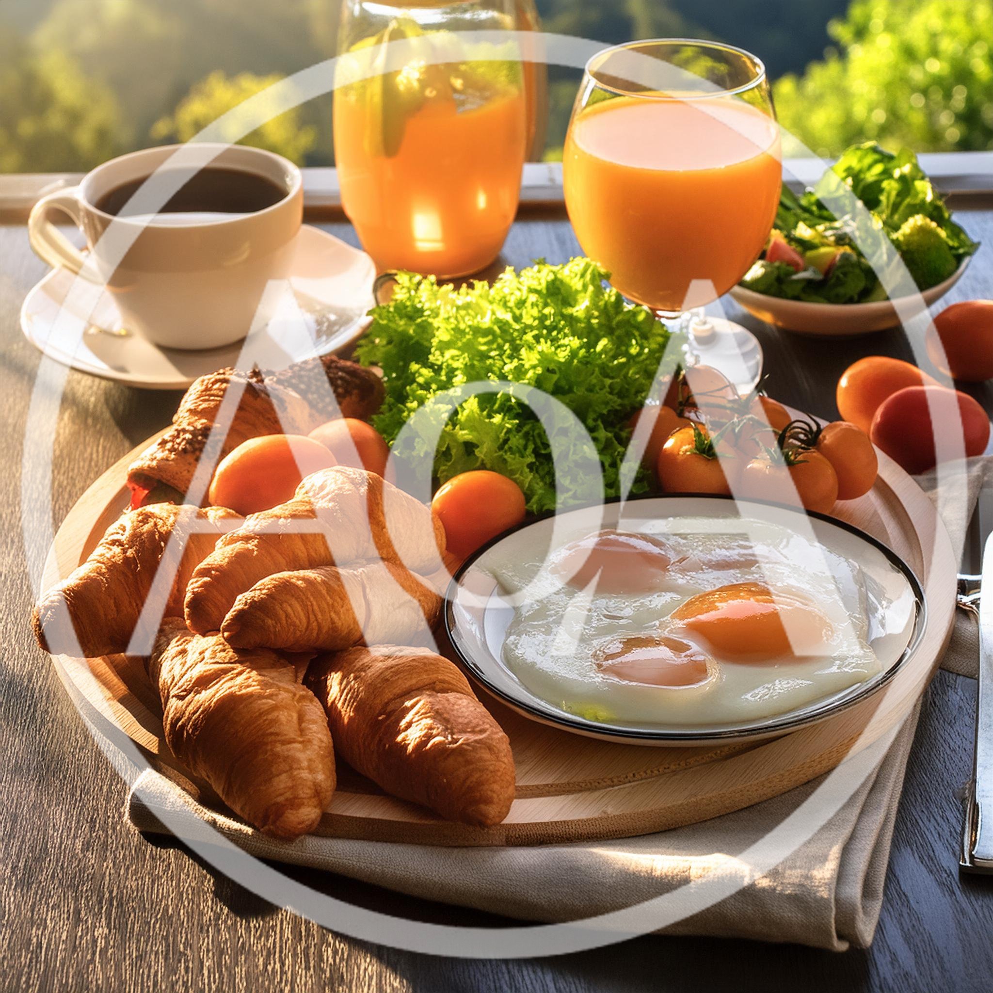 Gourmet Breakfast Spread With Croissants And Fried Eggs