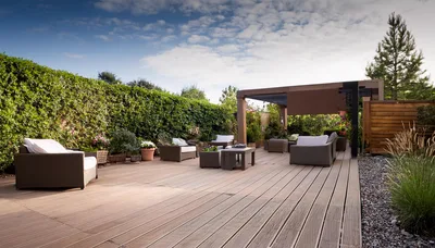 Modern Outdoor Wooden Deck With Comfortable Lounge Furniture