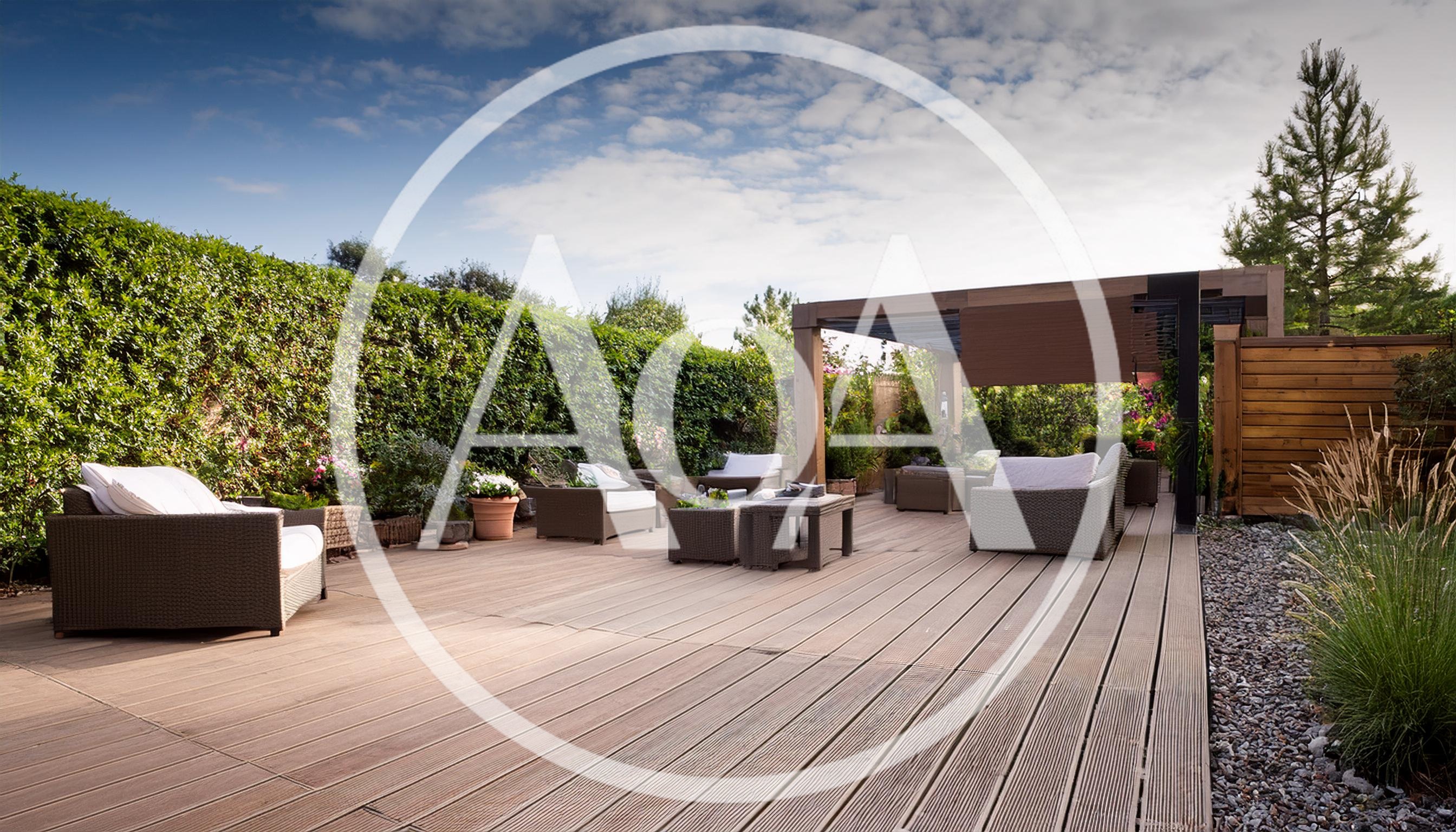 Modern Outdoor Wooden Deck With Comfortable Lounge Furniture