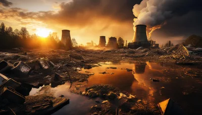 Industrial Cooling Towers At Sunset Over Polluted Landscape
