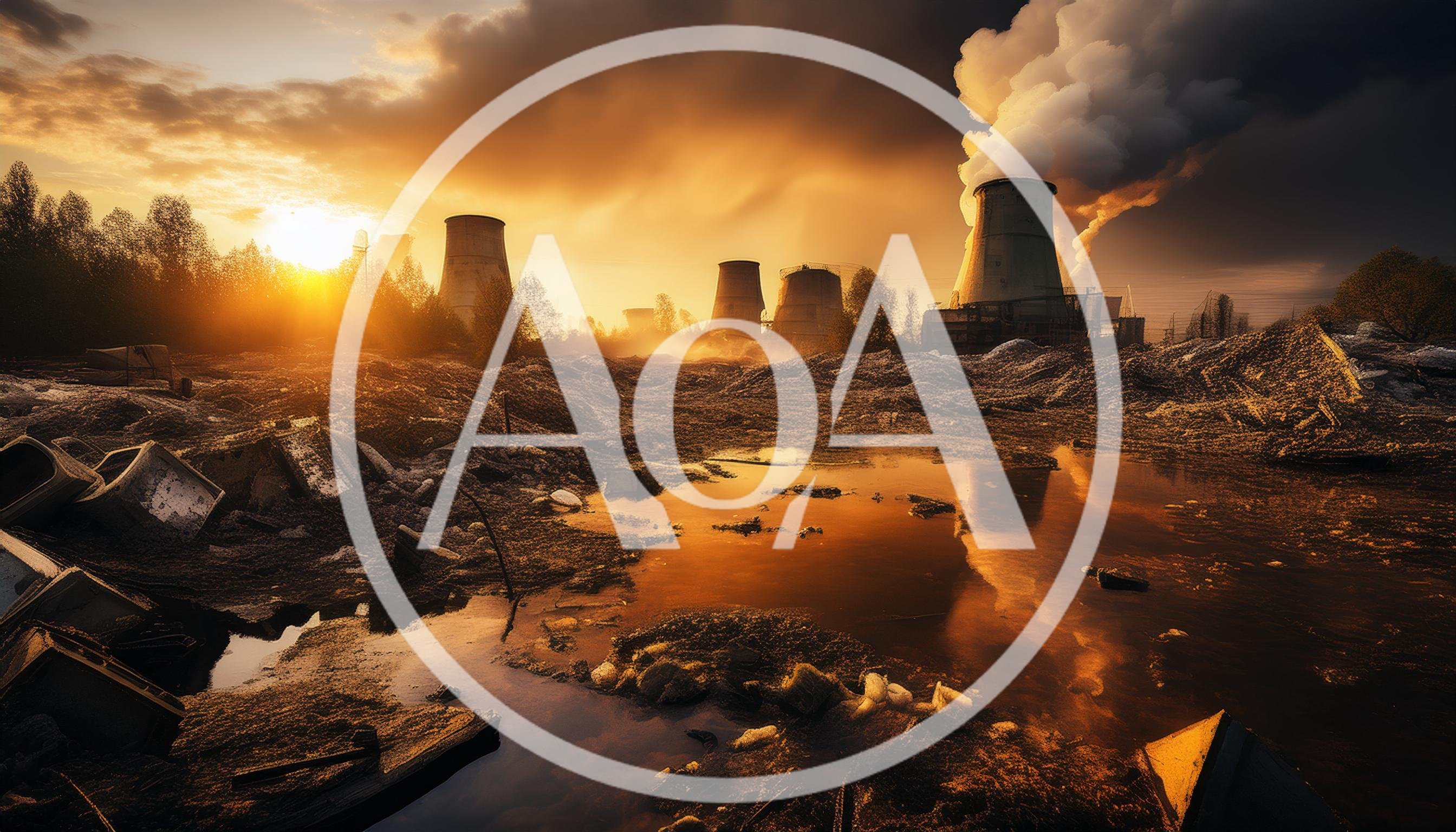 Industrial Cooling Towers At Sunset Over Polluted Landscape