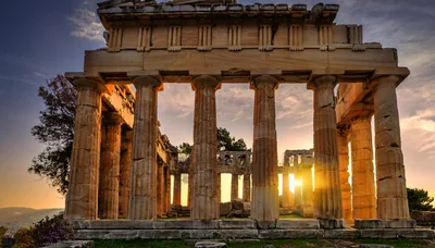 Ancient Greek Temple Ruins At Sunset