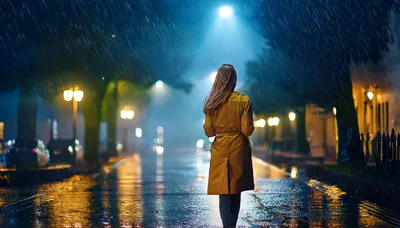 Woman In Yellow Trench Coat Walking Down Rainy Street
