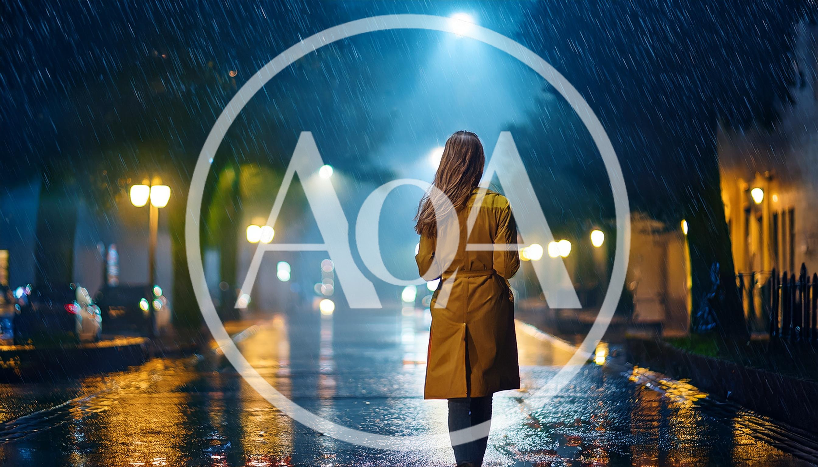 Woman In Yellow Trench Coat Walking Down Rainy Street