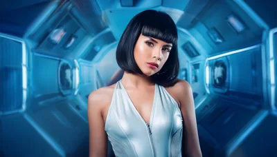 Futuristic Woman Standing In A Sci-Fi Spaceship Corridor