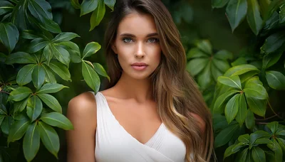 Portrait Of A Beautiful Woman Amidst Lush Green Foliage