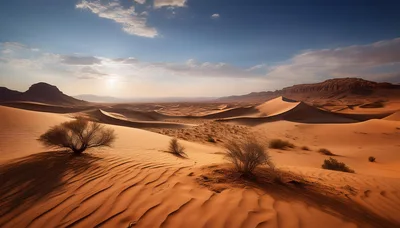 Golden Hour Desert Landscape With Sand Dunes