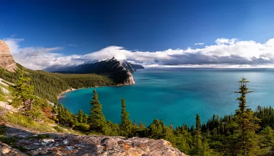 Panoramic View Of Turquoise Lake And Mountain Range