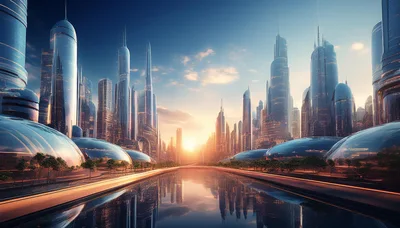 Futuristic Cityscape With Reflective Waterway At Sunset