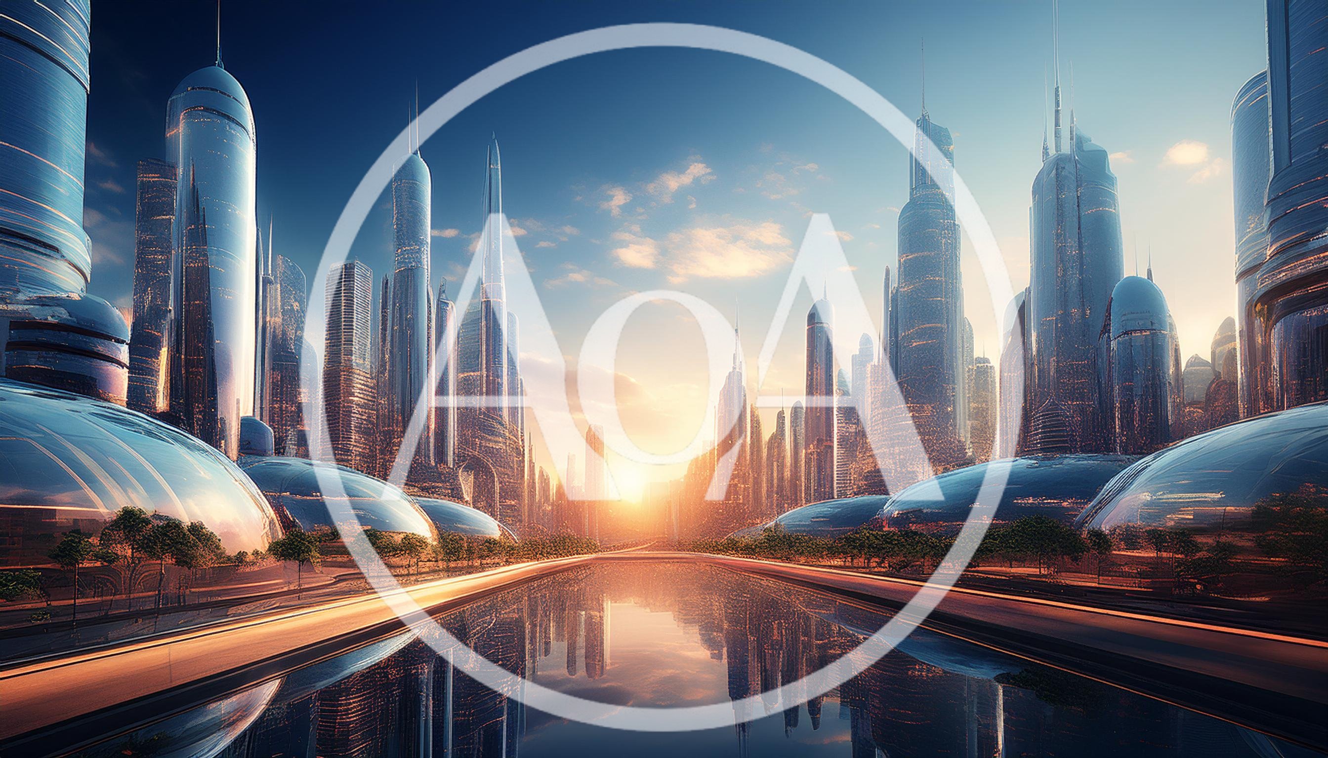 Futuristic Cityscape With Reflective Waterway At Sunset