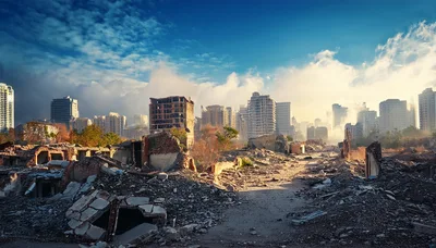 Ruined Cityscape With Destroyed Buildings And Debris