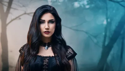 Gothic Woman With Dark Hair In A Misty Forest